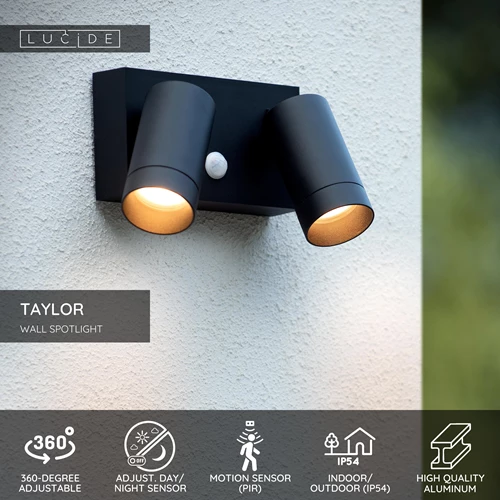 Lucide TAYLOR - Wall spotlight / Wall light Indoor/Outdoor - 2xGU10 - IP54 - Motion Sensor - Black - USP